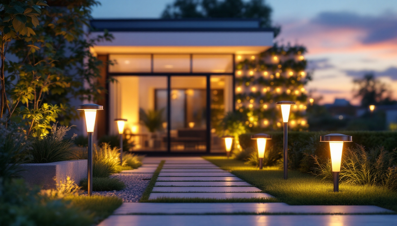 A photograph of a beautifully illuminated outdoor space featuring a variety of exterior solar led lights in action