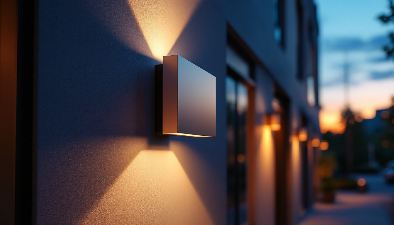 A photograph of a modern wall pack lighting installation illuminating a commercial or outdoor space at dusk