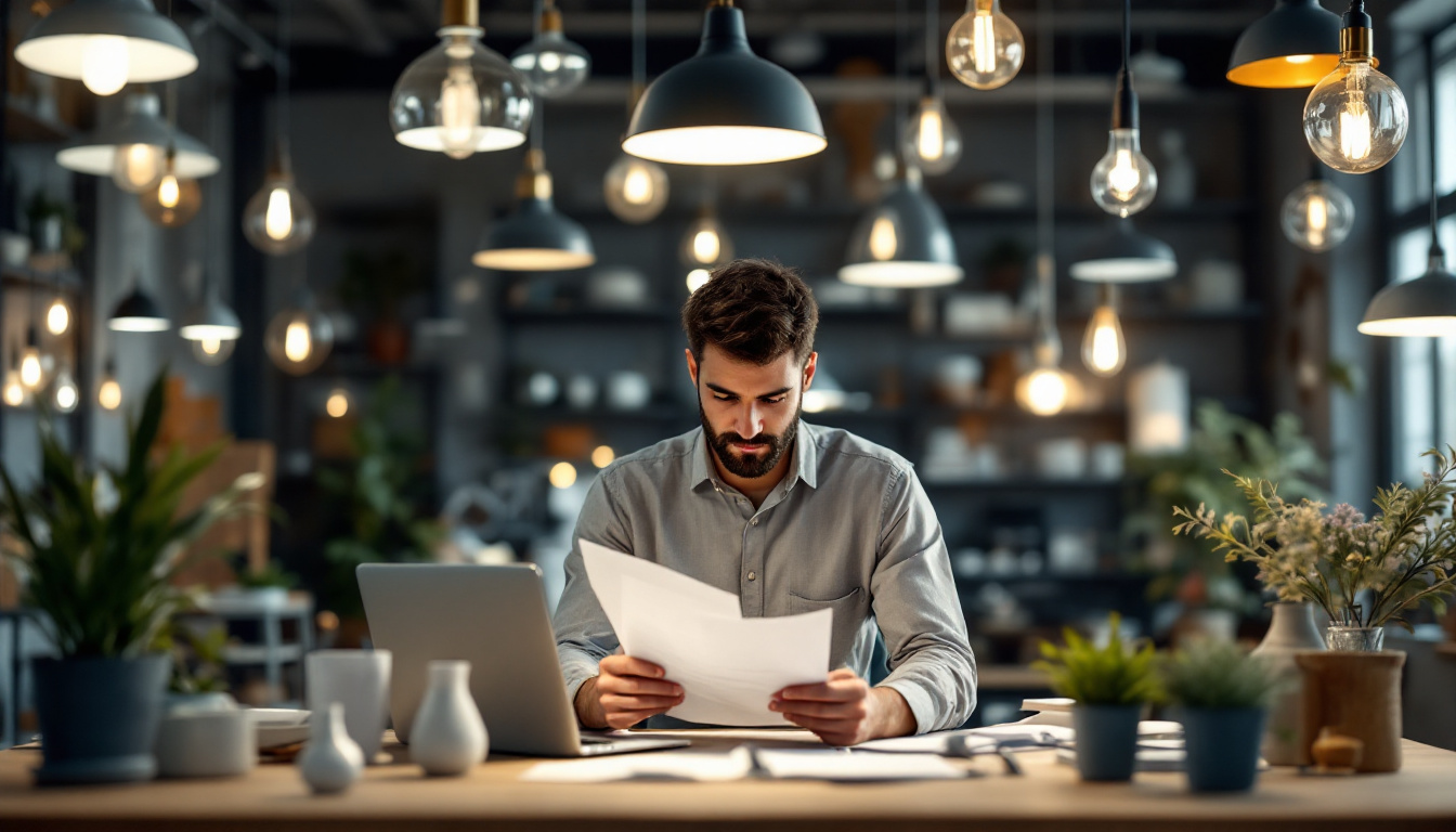 A photograph of a well-lit workspace featuring a diverse selection of wholesale lighting fixtures