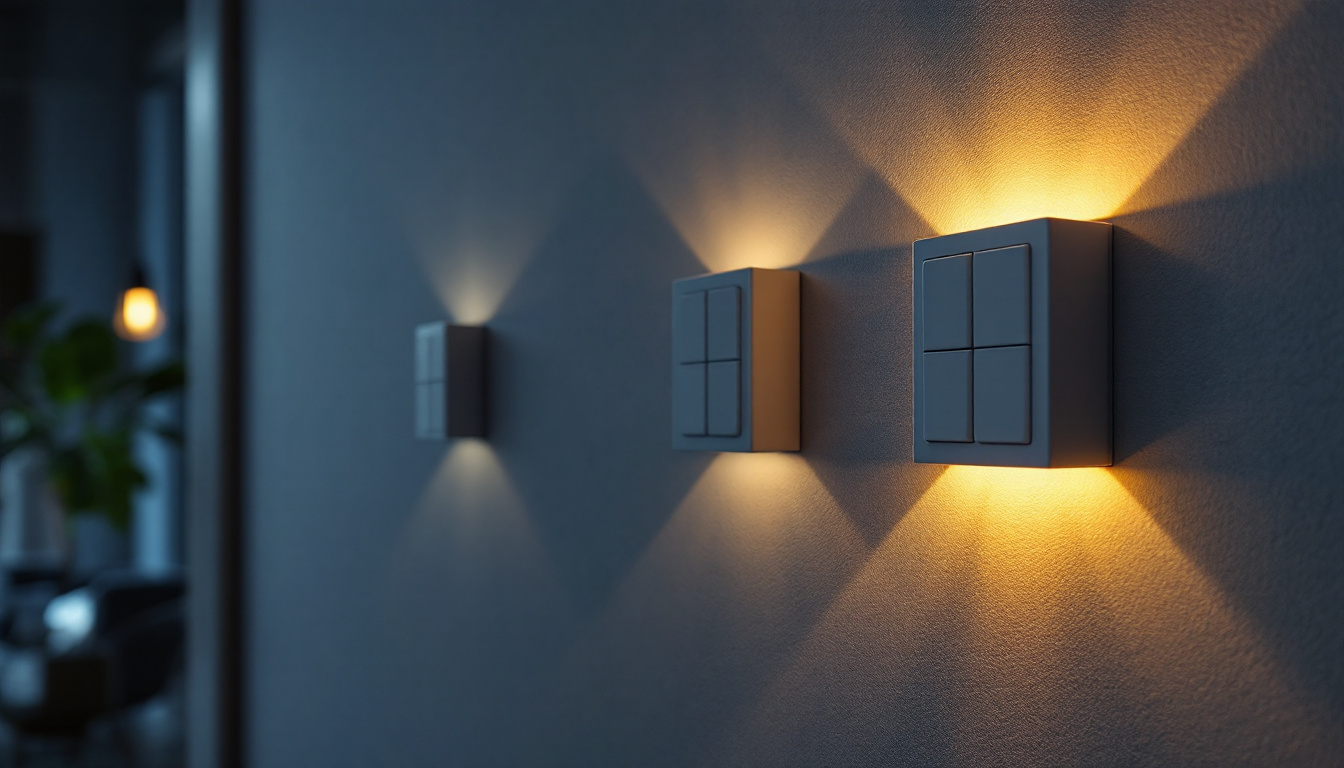 A photograph of a well-lit room featuring three distinct light switches