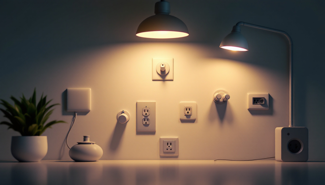 A photograph of a well-lit outdoor space featuring various types of lighting fixtures and electrical outlets