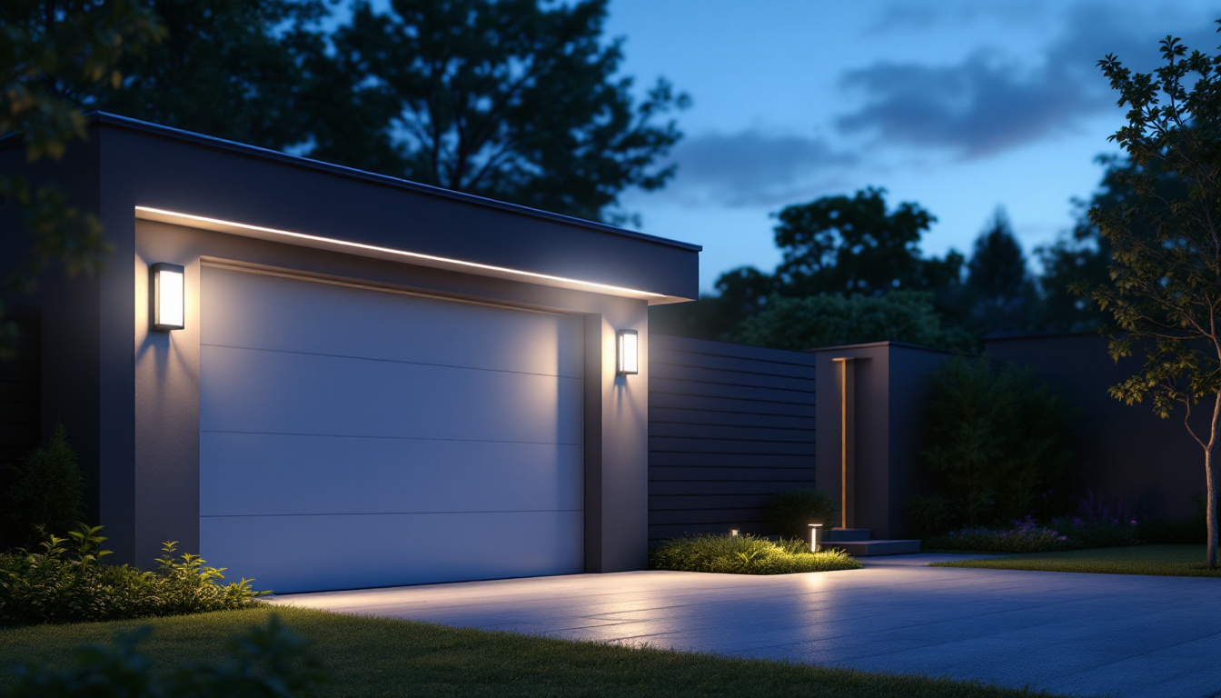 A photograph of a beautifully illuminated solar garage outdoor light in a serene evening setting