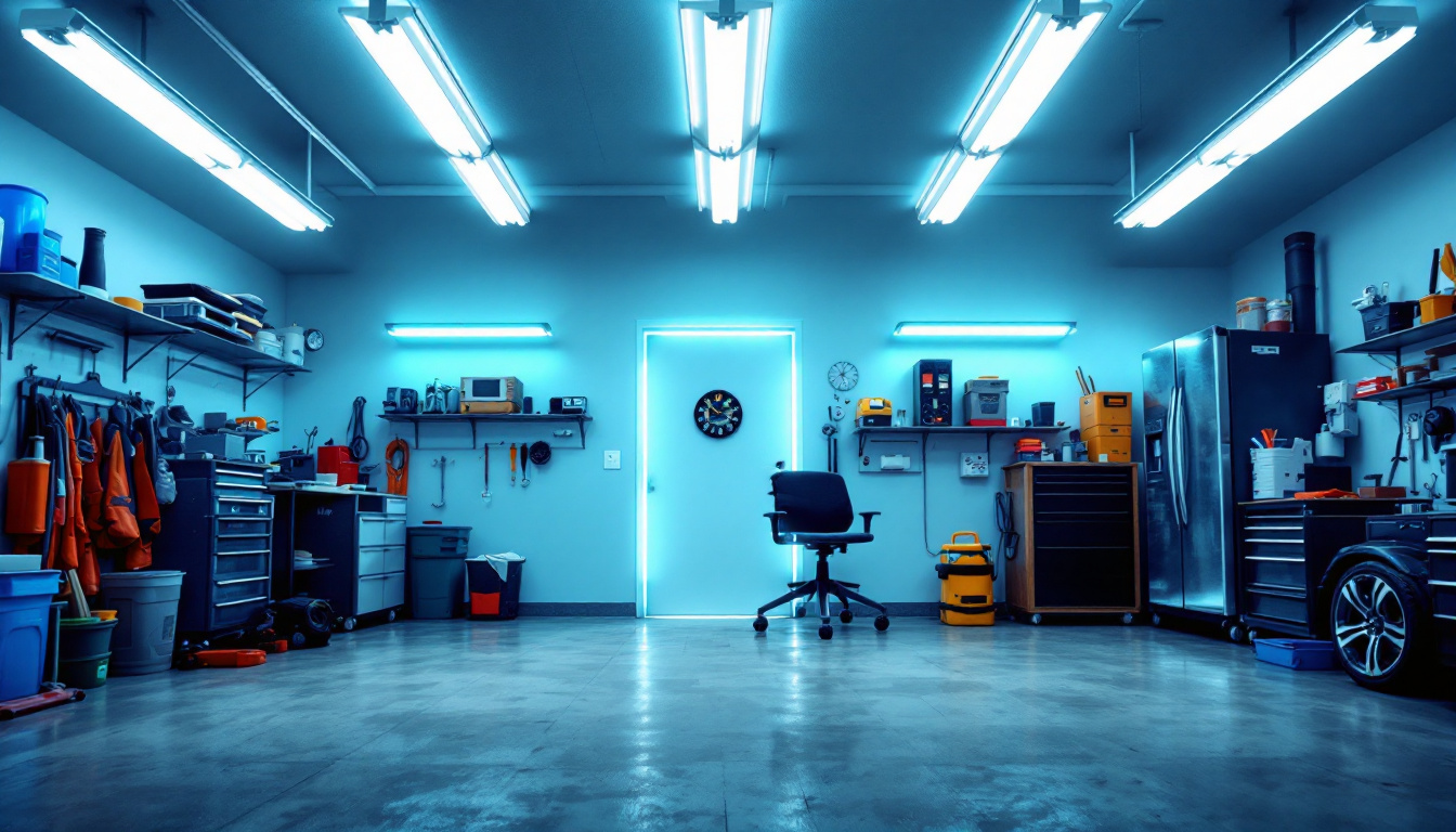 A photograph of a well-lit garage showcasing fluorescent lights in action