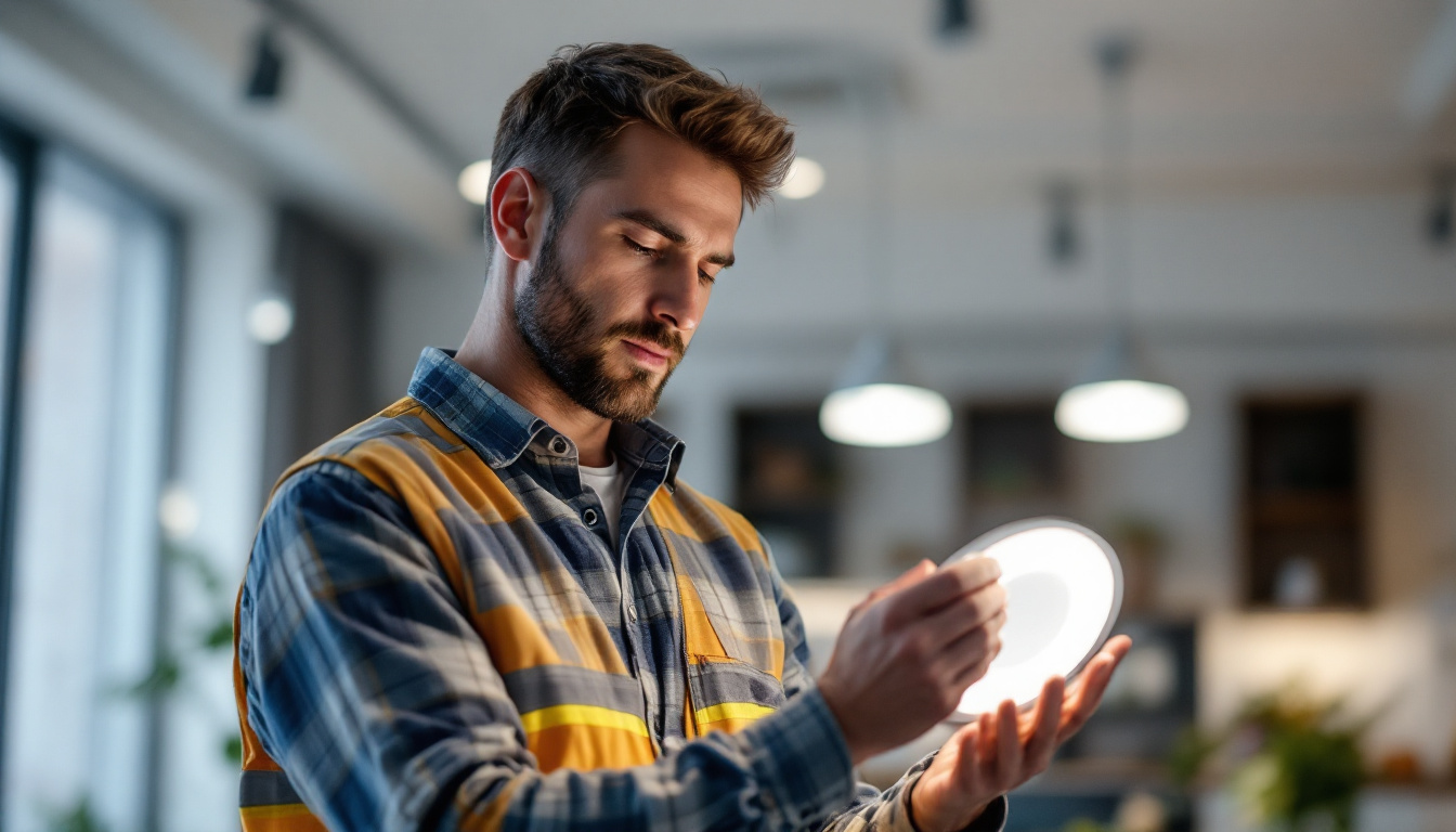 A photograph of a professional electrical engineer examining a modern led recessed light fixture in a well-lit