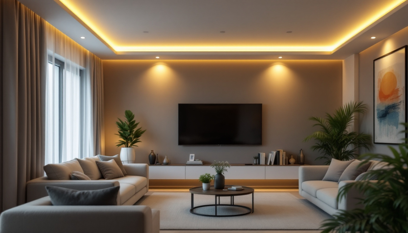 A photograph of a well-lit living space featuring recessed led bulbs