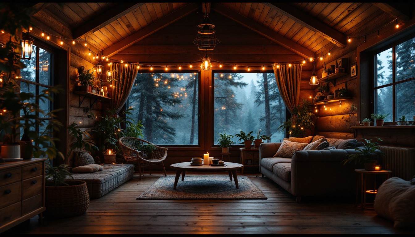 A photograph of a cozy cabin interior illuminated by warm