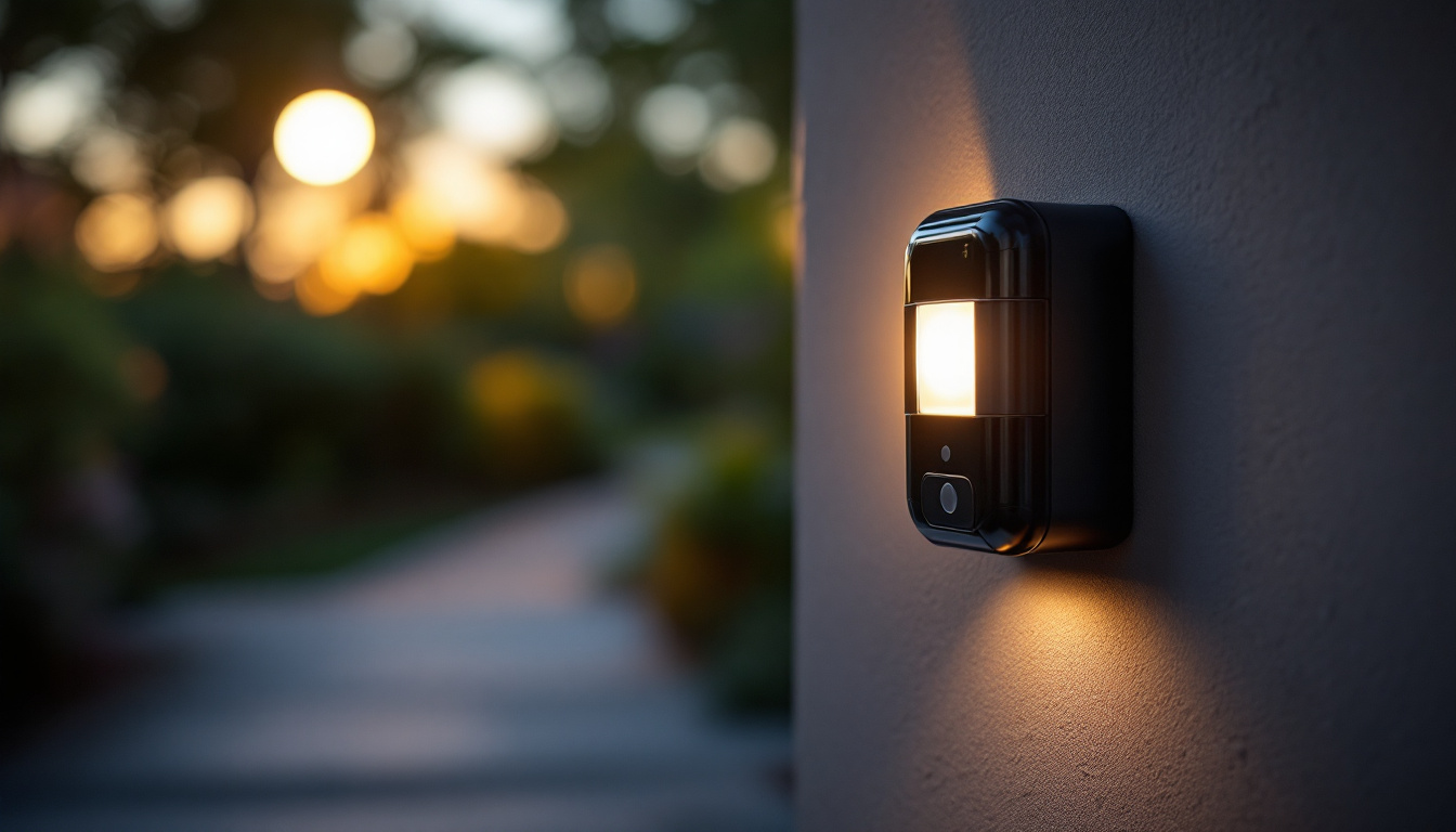 A photograph of a close-up view of an outdoor motion sensor light switch installed in a garden or pathway setting