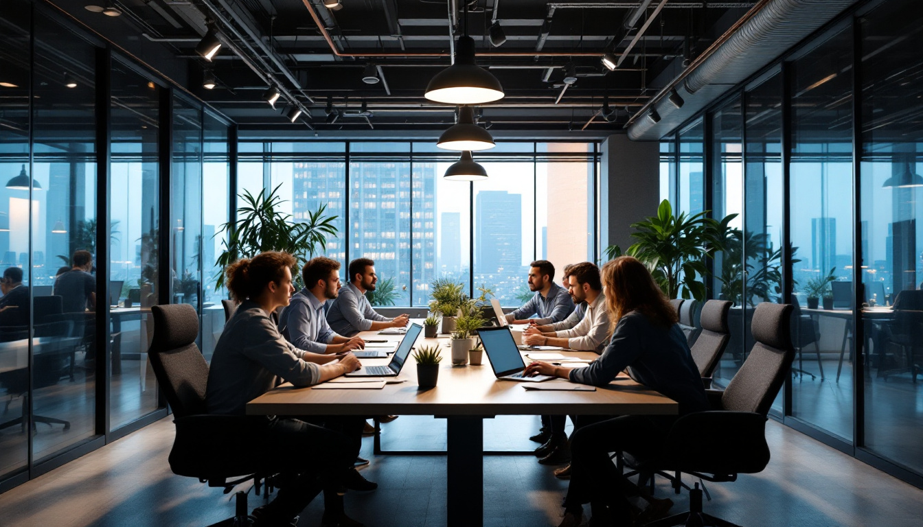 A photograph of a well-lit conference room featuring modern lighting design
