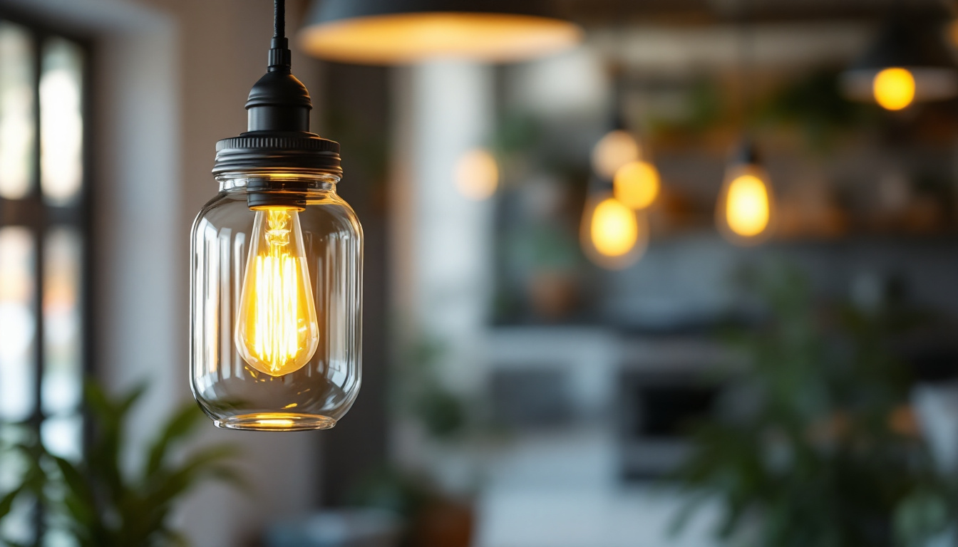 A photograph of a beautifully styled jelly jar light fixture hanging in a modern interior setting