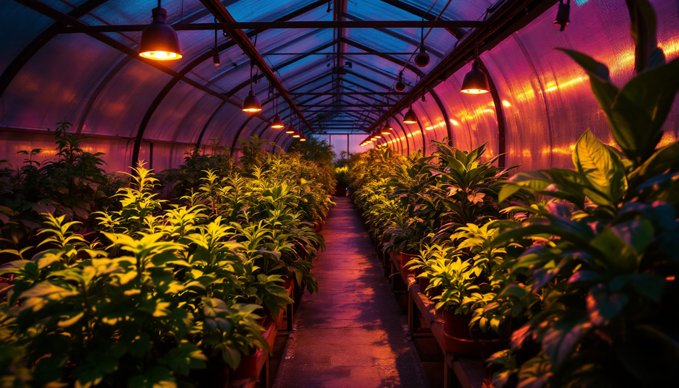 A photograph of a vibrant greenhouse illuminated by energy-efficient led lights