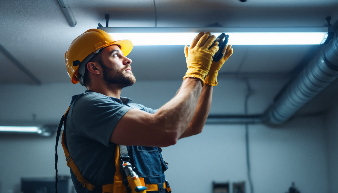 A photograph of a skilled electrician carefully replacing a fluorescent light fixture