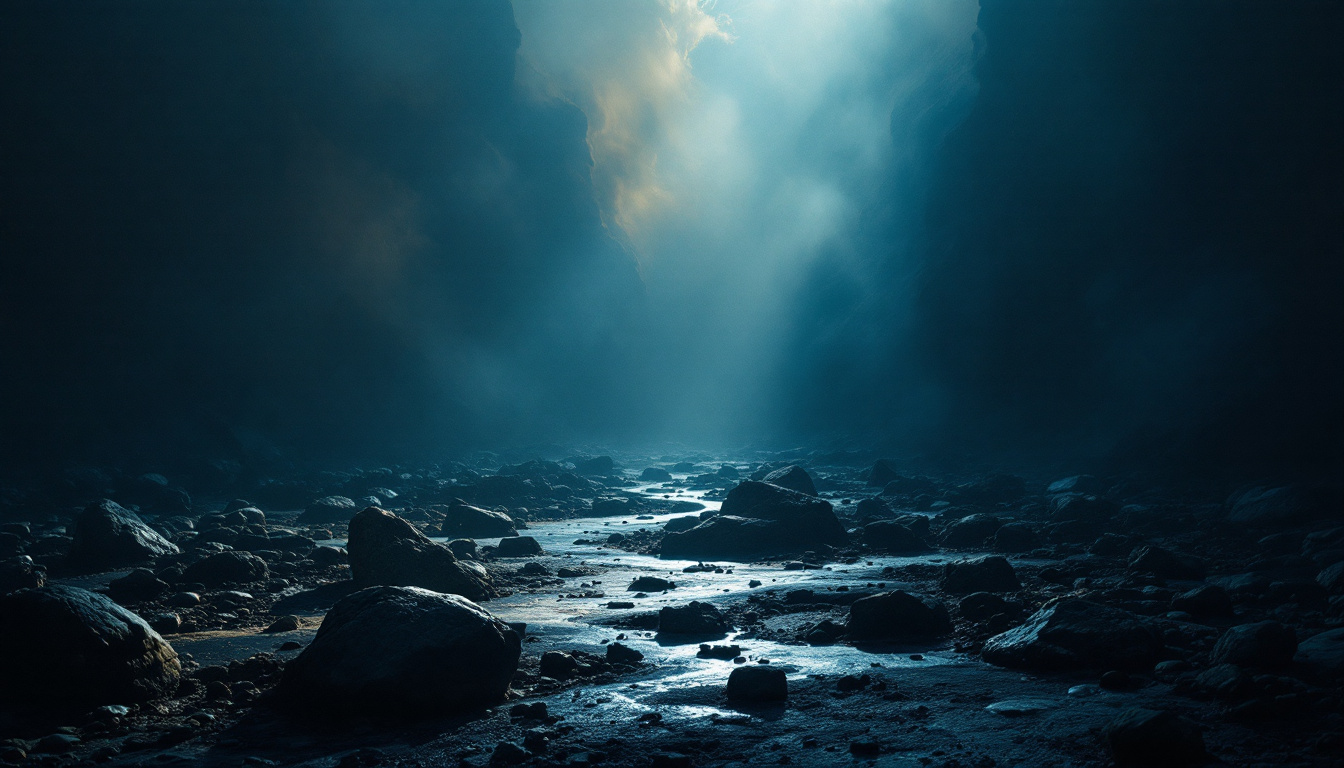 A photograph of a striking scene that showcases the interplay of direct light and shadows