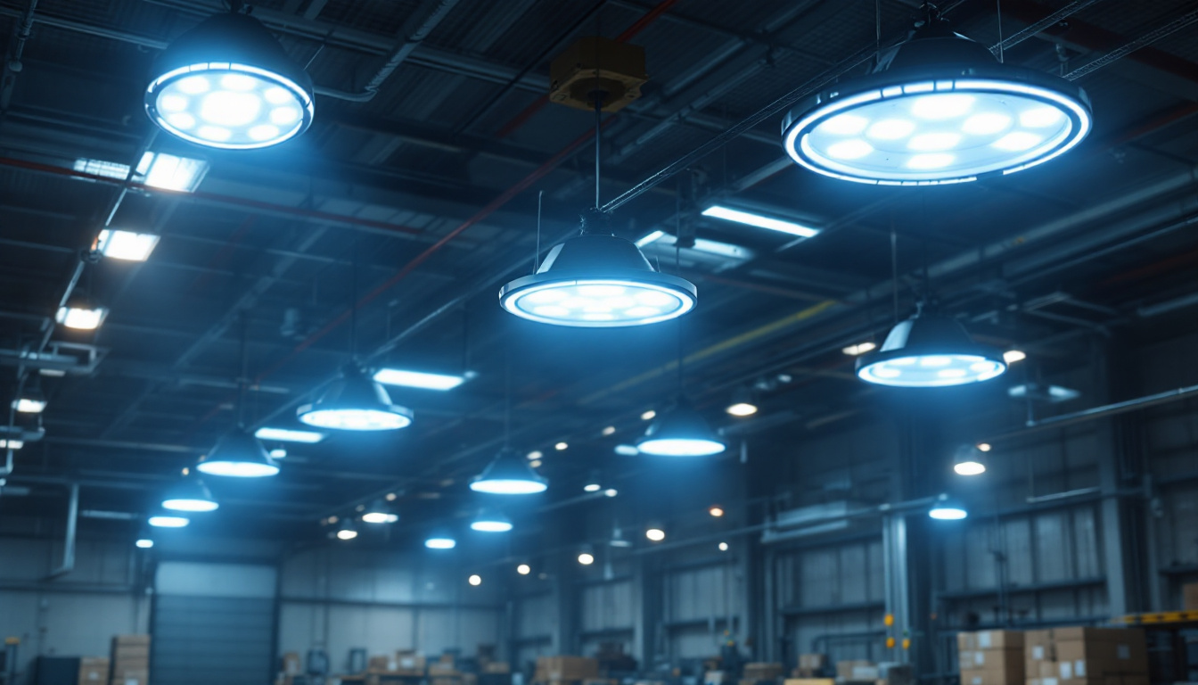 A photograph of a well-lit industrial space featuring led high bay fixtures in use