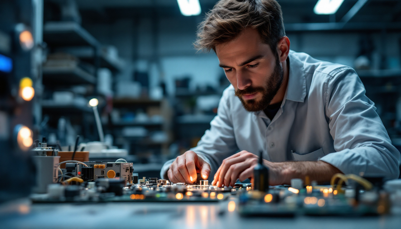 A photograph of a focused electrical engineer working on a switch single circuit board in a well-lit lab