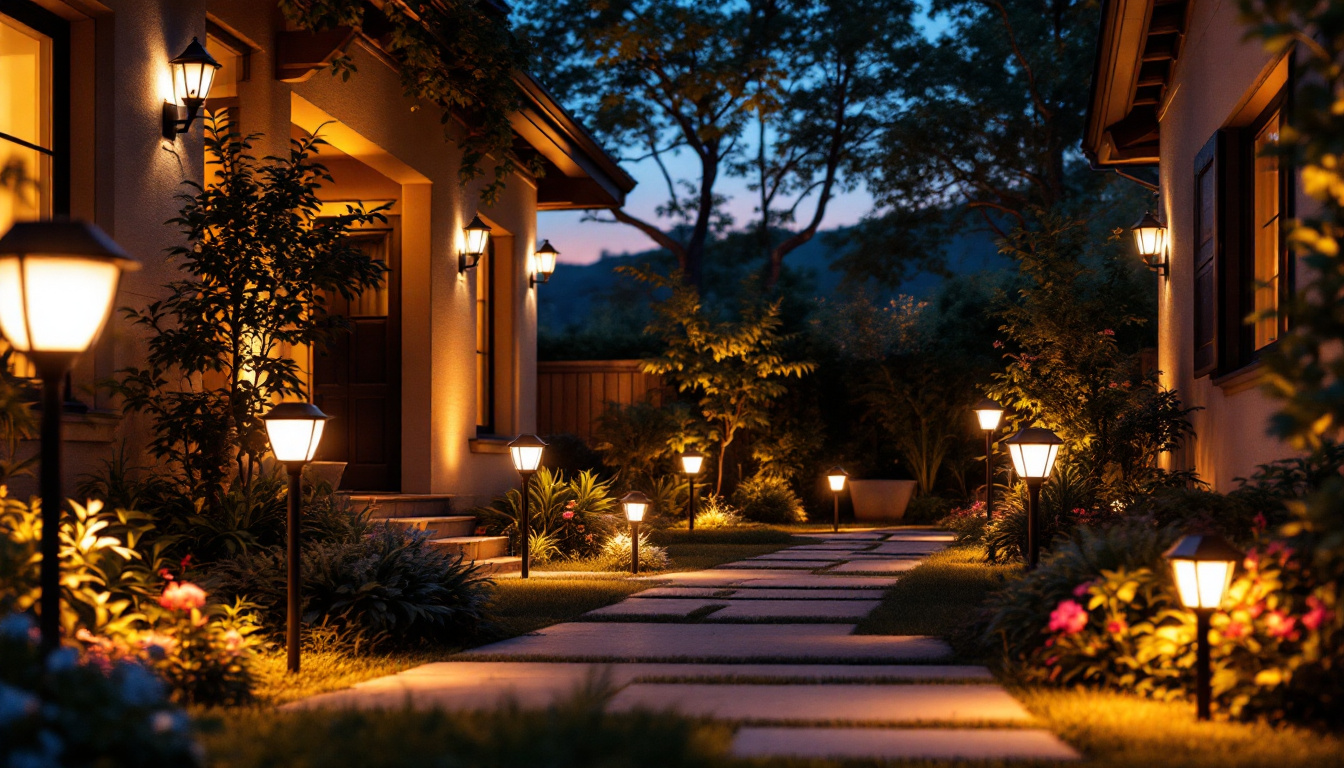 A photograph of a beautifully illuminated outdoor space featuring various styles of led solar lights in use
