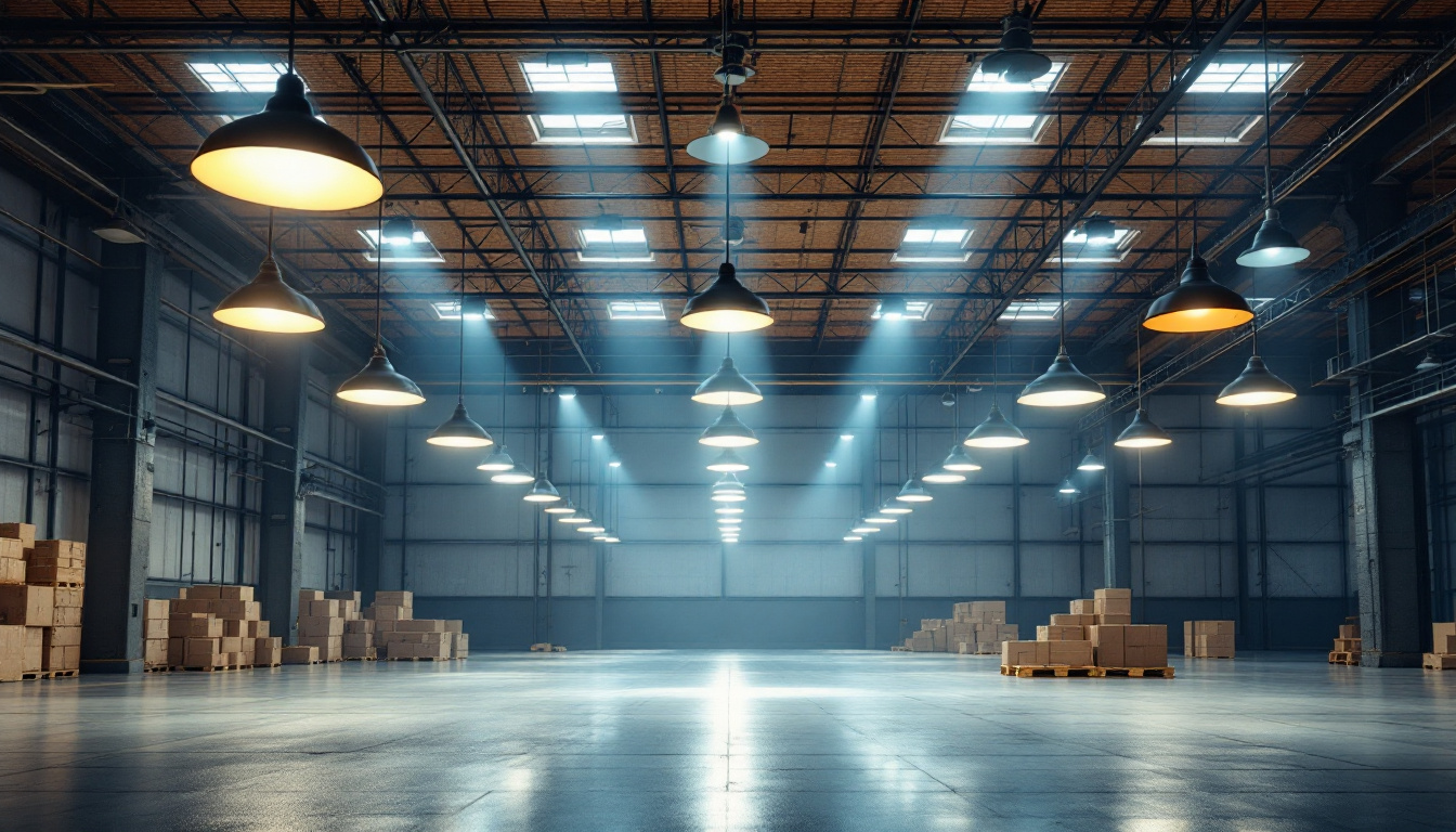 A photograph of a well-lit warehouse interior showcasing various types of industrial light fixtures in use