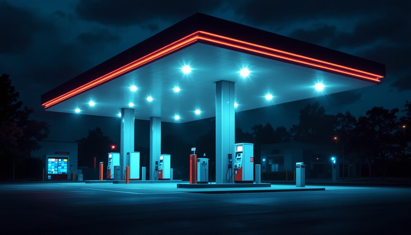 A photograph of a gas station canopy illuminated at night