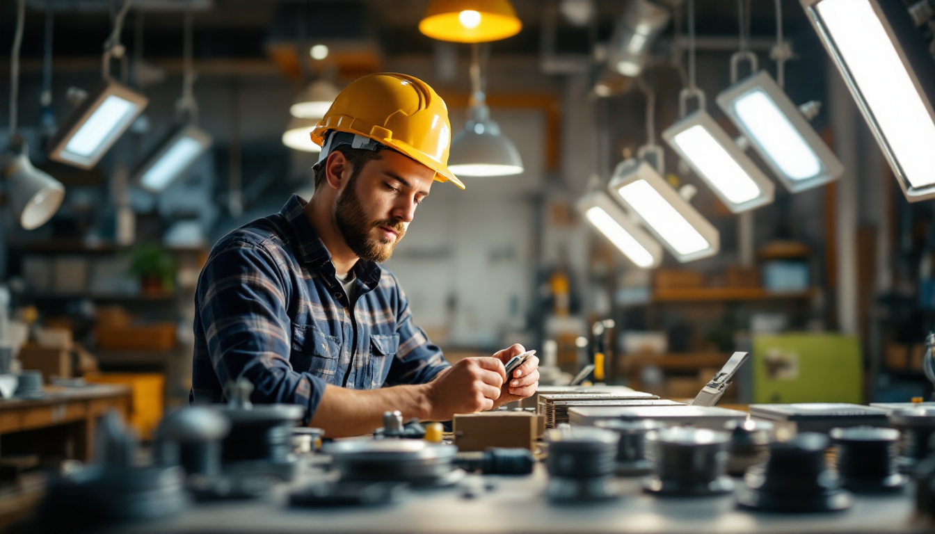 A photograph of a lighting engineer examining various types of ballasts in a well-lit workshop