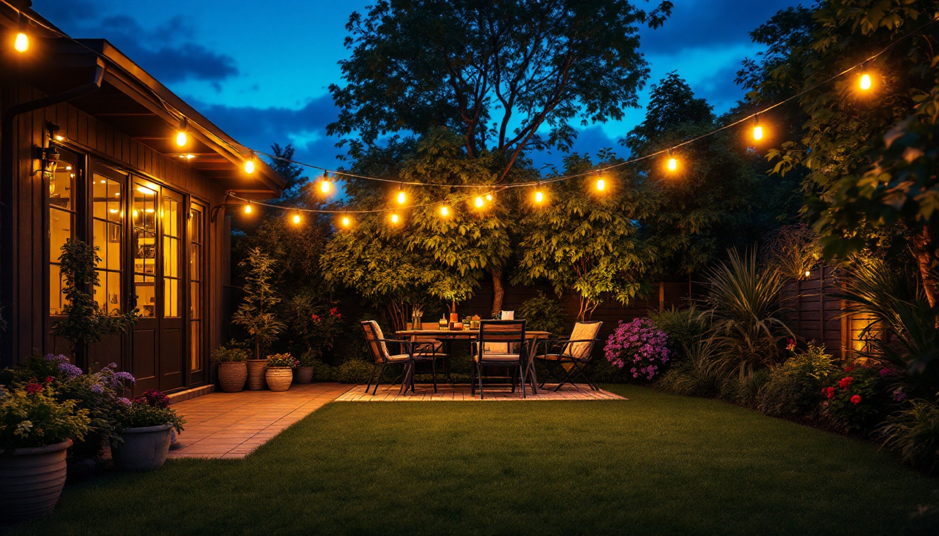 A photograph of a vibrant outdoor scene illuminated by solar led light strips at dusk