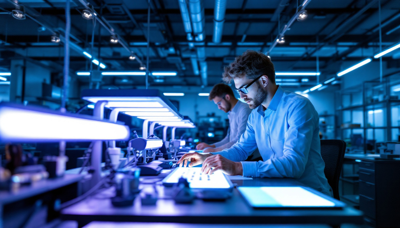 A photograph of a well-lit workspace featuring an array of uv lights in use