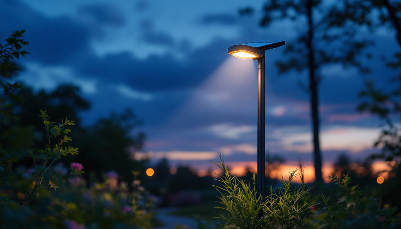 A photograph of a beautifully designed solar lamp pole light illuminating a serene outdoor setting at dusk