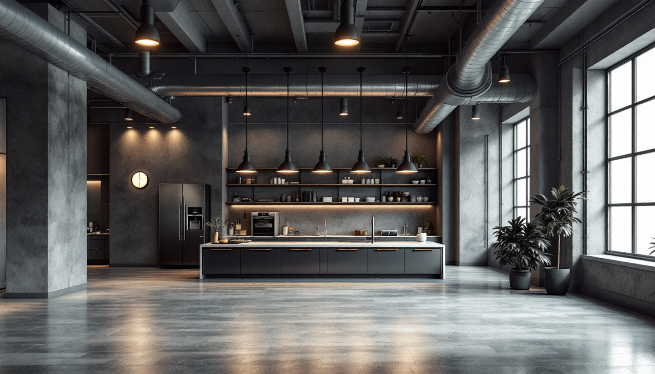 A photograph of a stylish industrial space featuring contrasting canister lighting designs
