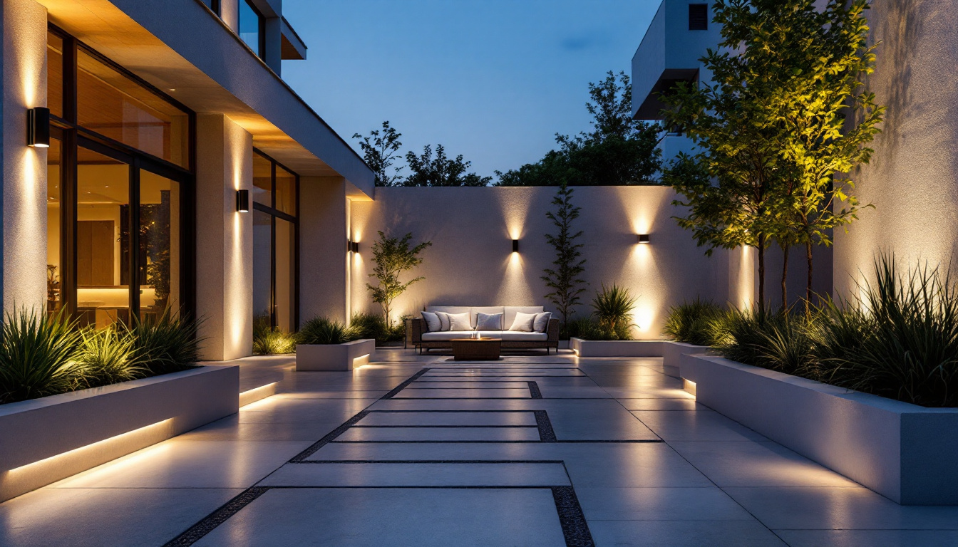A photograph of a beautifully illuminated outdoor space featuring various styles of led wall lighting