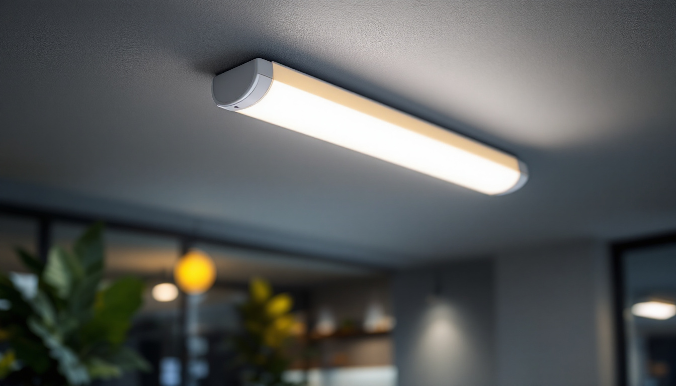A photograph of a modern led fluorescent replacement fixture in a well-lit environment