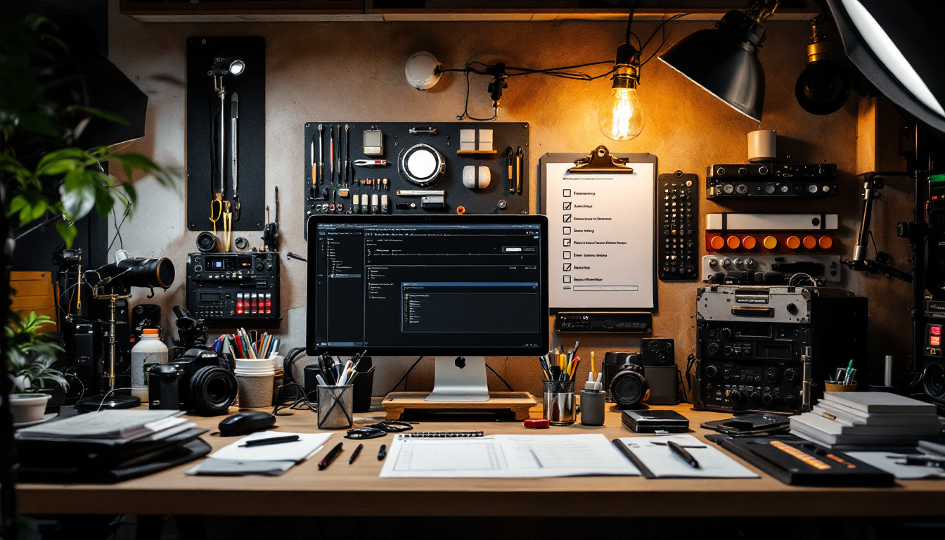 A photograph of a well-organized lighting engineer's workspace featuring essential tools