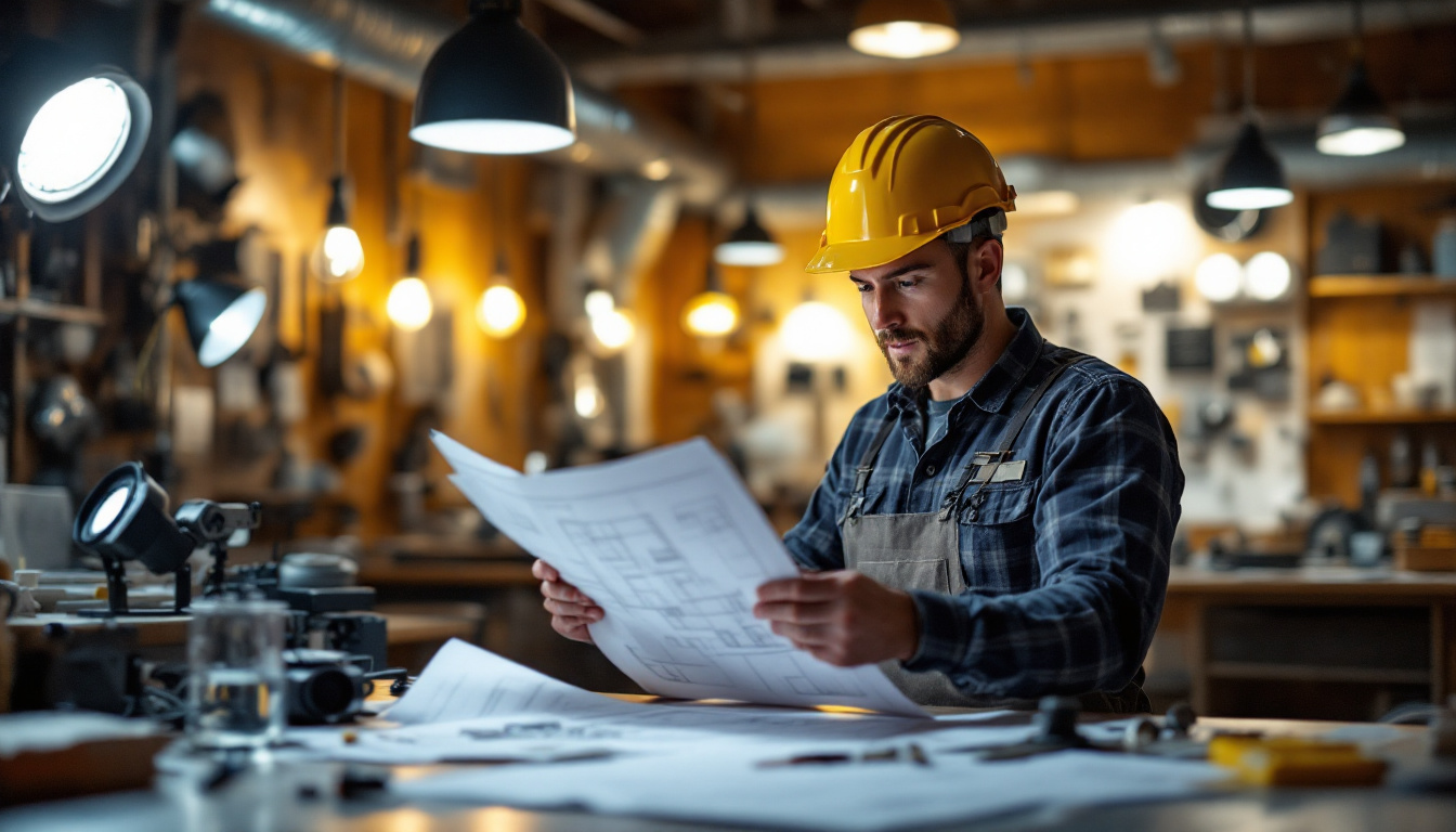 A photograph of a skilled electrical engineer examining a detailed lighting project blueprint in a well-lit workspace