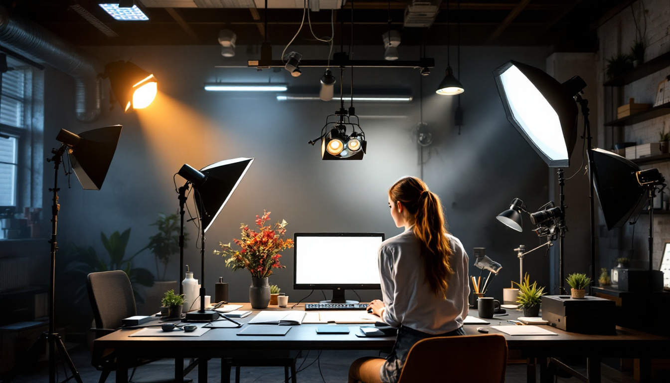 A photograph of a dynamic workspace that contrasts industrial and commercial lighting setups