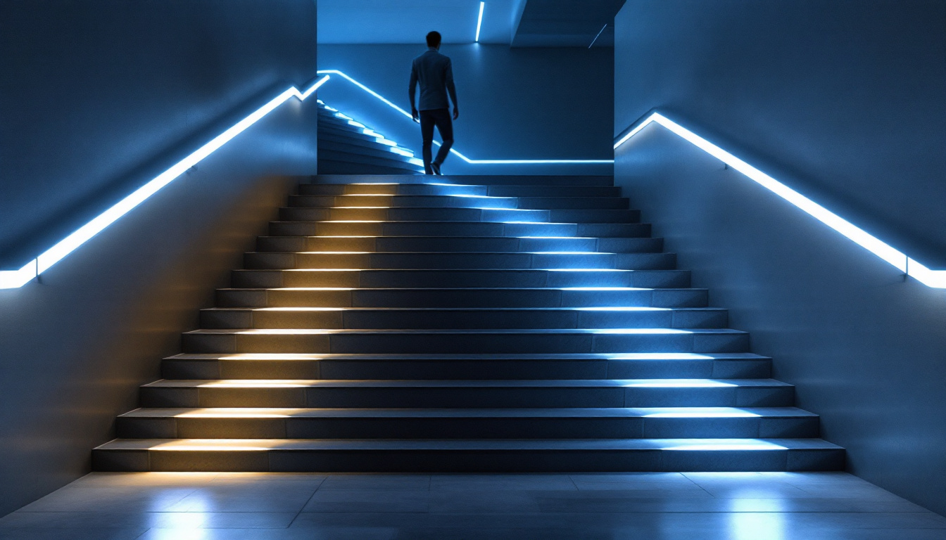 A photograph of a modern staircase illuminated with sleek
