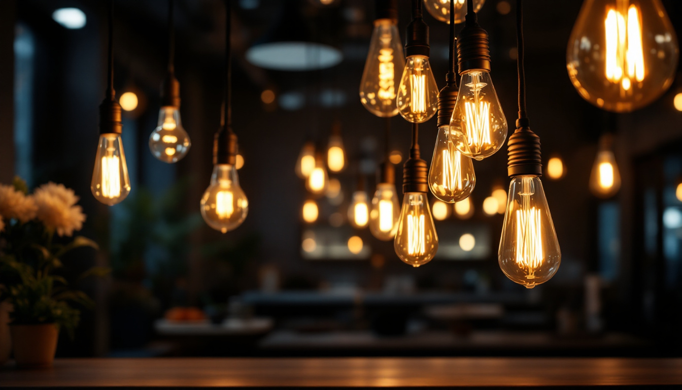 A photograph of a well-lit commercial space showcasing various types of light bulbs in use