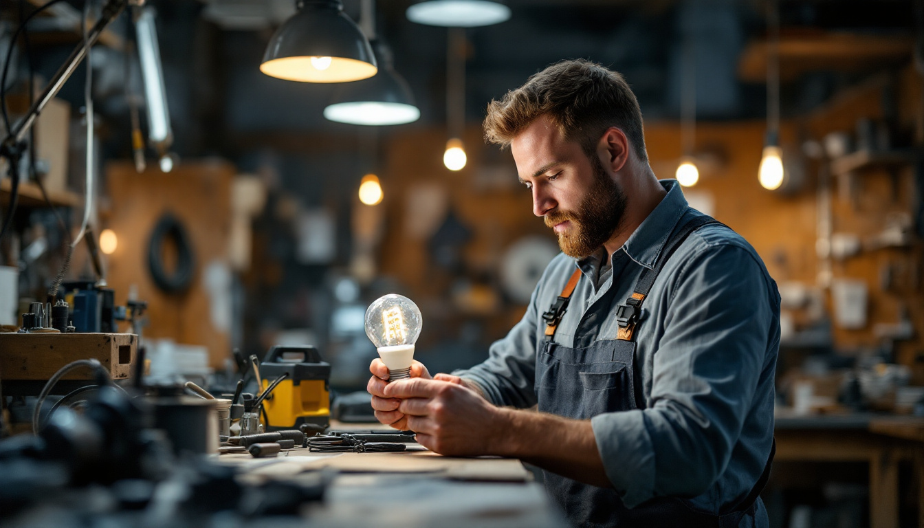 A photograph of a skilled electrical engineer examining a 4-foot led replacement bulb in a well-lit workshop