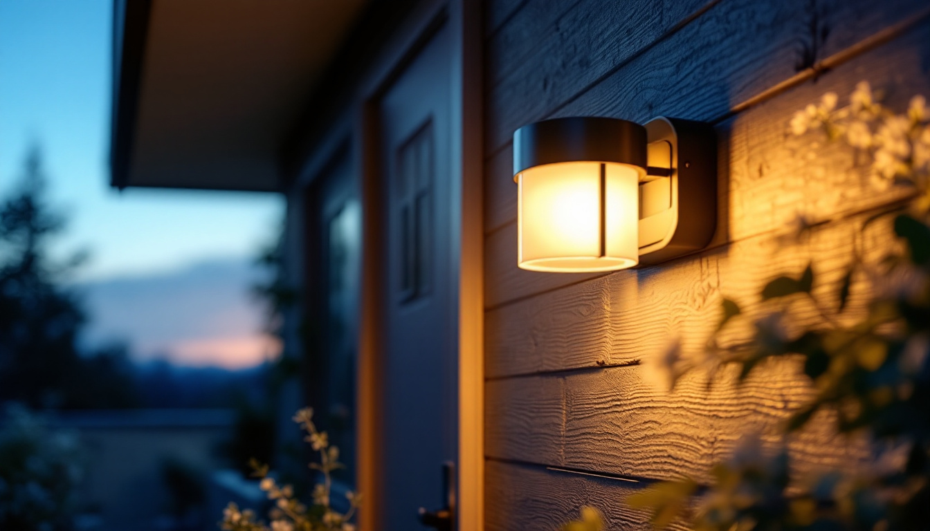 A photograph of a beautifully lit front door featuring a stylish solar-powered light fixture