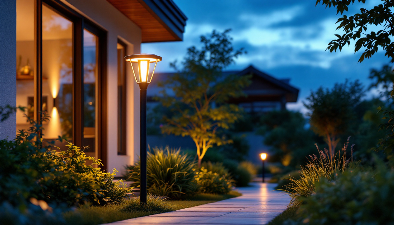 A photograph of a bright solar lamp illuminating a beautifully designed outdoor space at dusk