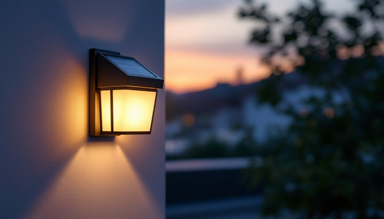A photograph of a beautifully designed solar-powered wall lantern illuminated at dusk