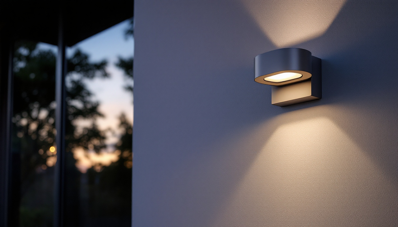 A photograph of an aesthetically pleasing outdoor wall mount light fixture installed on a stylish exterior wall