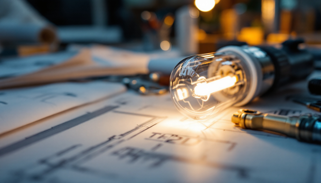 A photograph of a well-lit engineering workspace featuring a close-up of a 4-foot t8 led bulb in use