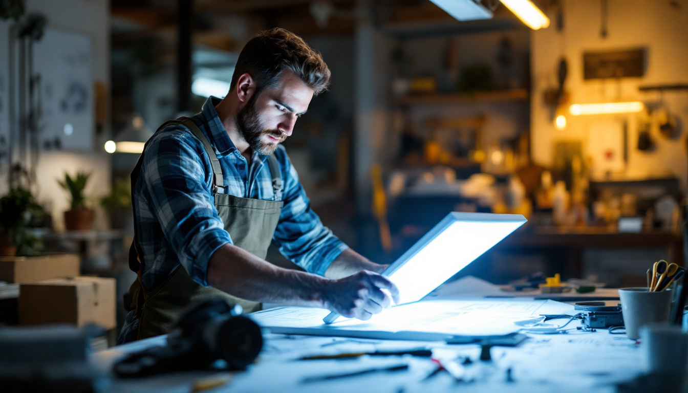 A photograph of a well-lit workspace featuring an electrical engineer examining a 2 ft led panel