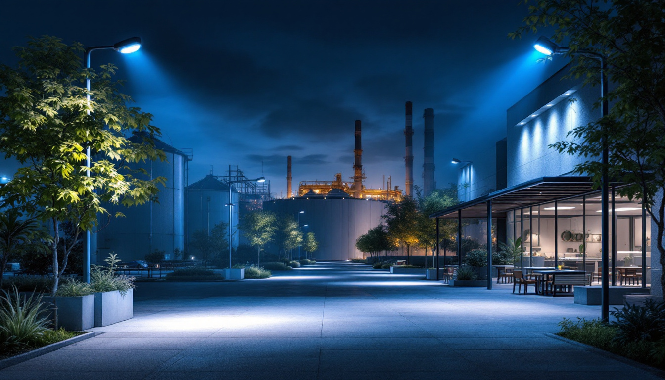 A photograph of a well-lit outdoor area showcasing both industrial and commercial settings