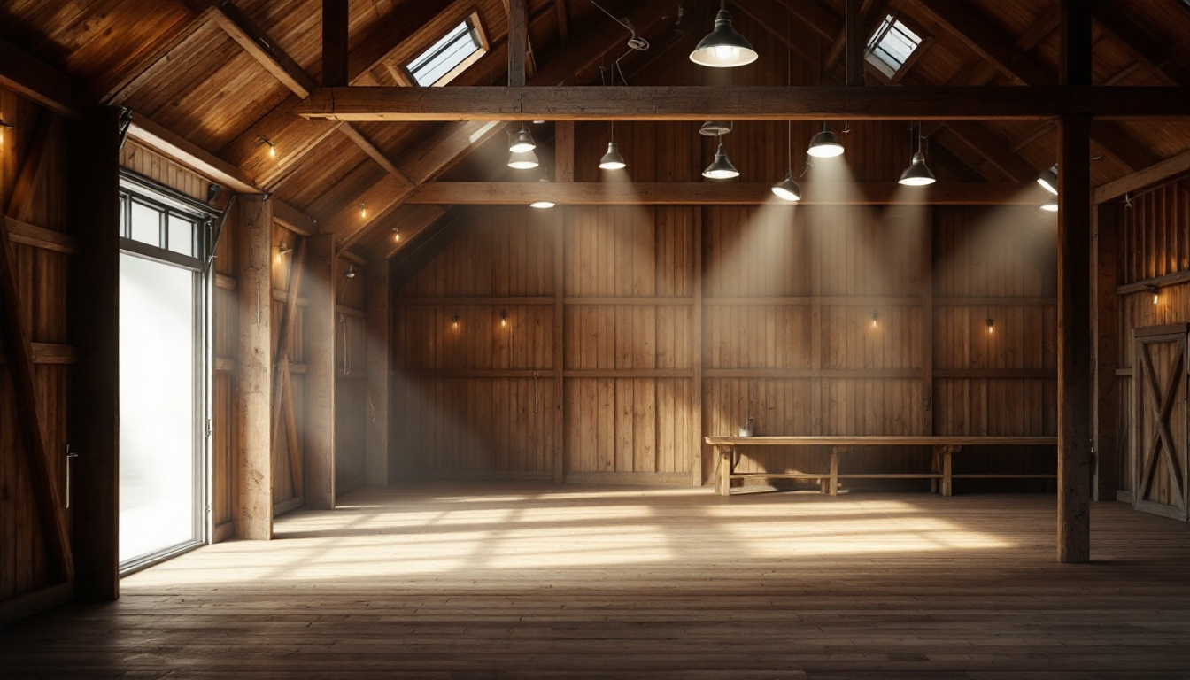 A photograph of a well-lit barn interior showcasing various fixtures