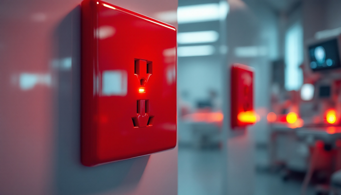 A photograph of a hospital room featuring red electrical outlets prominently