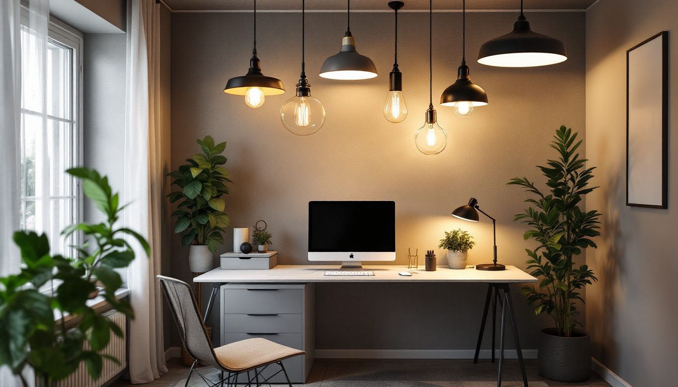 A photograph of a stylish home office featuring a variety of ceiling light designs that highlight both functionality and aesthetics