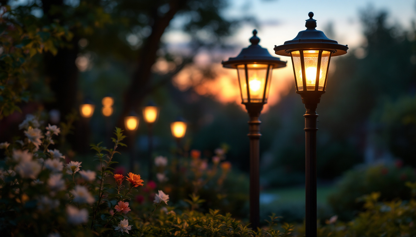 A photograph of a beautifully illuminated outdoor pole light in a garden or backyard setting during twilight