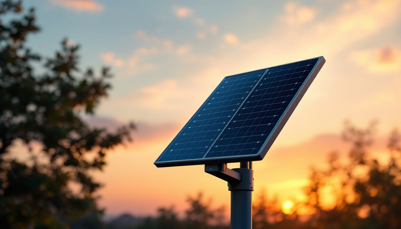 A photograph of a solar light mounted on a tall pole during sunset