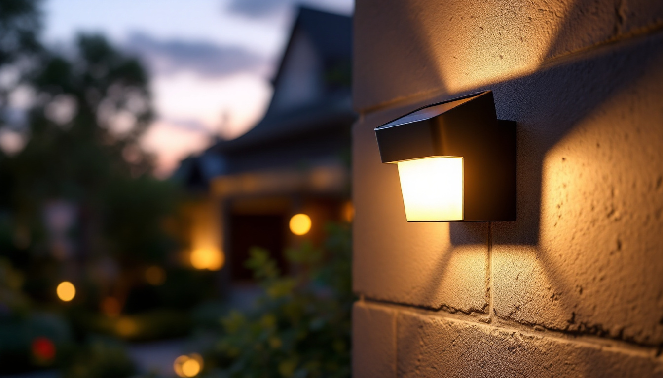 A photograph of a solar wall mount light installed in an outdoor setting during dusk