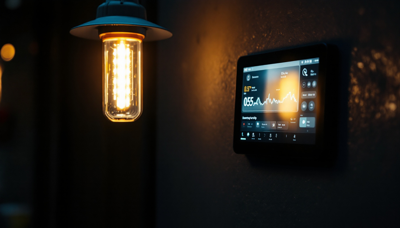 A photograph of a battery-powered emergency light in a dimly lit environment