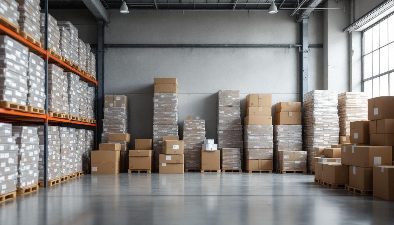 A photograph of a well-organized warehouse or storage facility showcasing neatly stacked wall packs