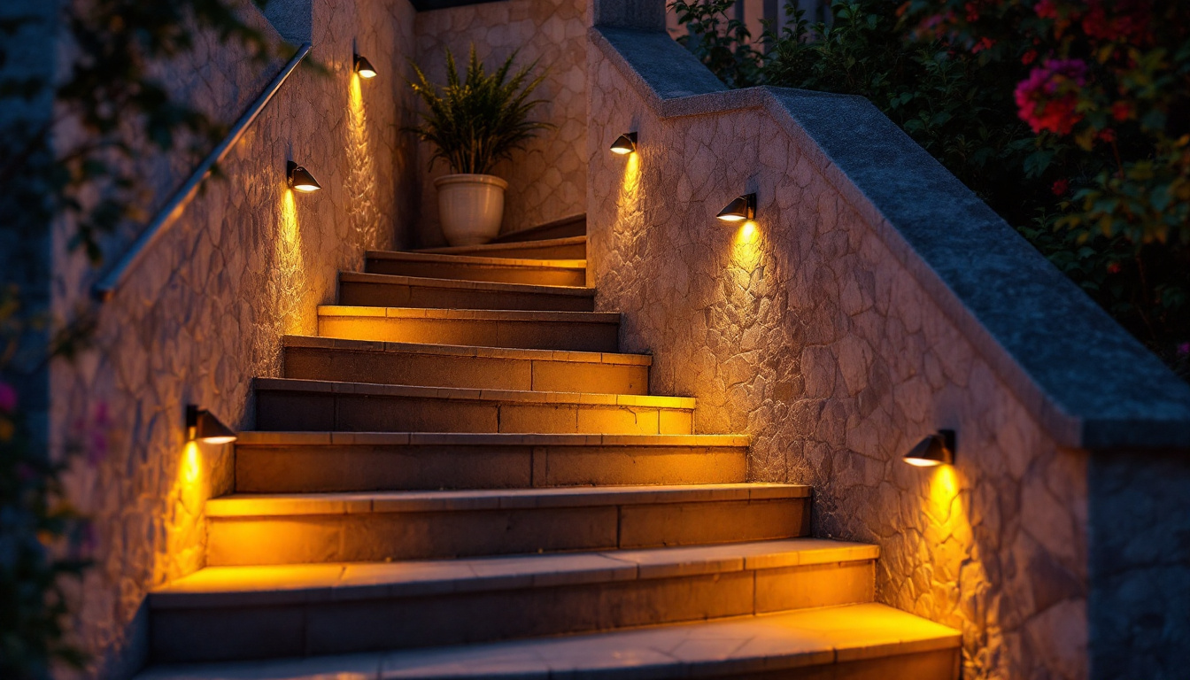 A photograph of a beautifully illuminated outdoor staircase featuring solar lights